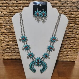 Turquoise And Red Colored Squash Blossom Necklace And Earring Set New
